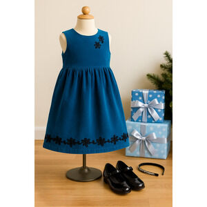 Hanna Andersson Girls Blue Velvet Jumper Dress Size 130 6-7 Black Ribbon Detail